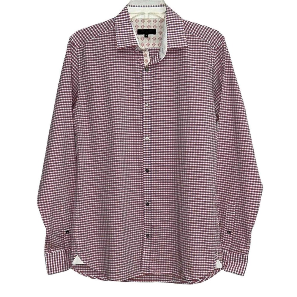 Ted Baker Button Down Mens Size M Burgundy Blue Gingham Long Sleeve Shirt 3